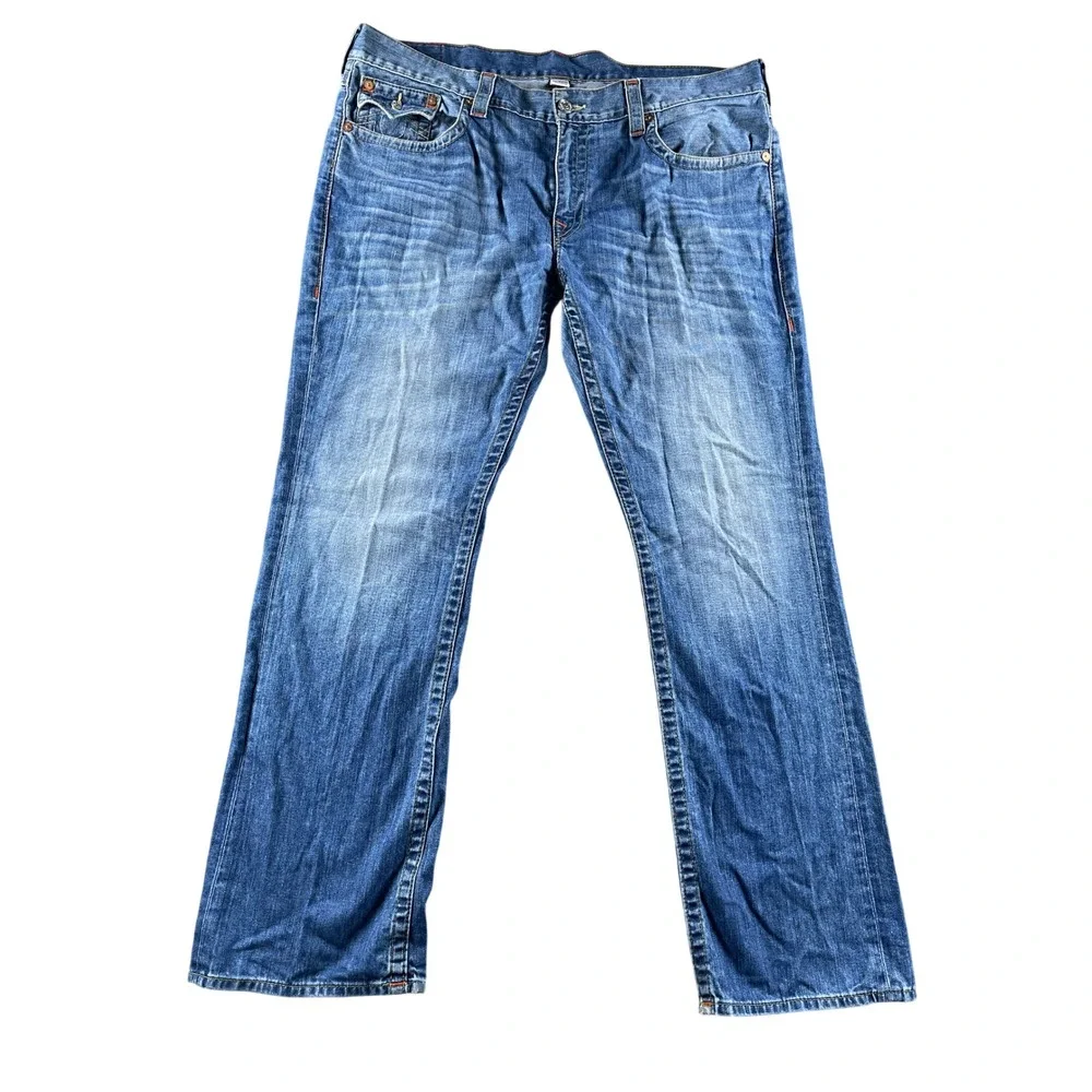 True Religion Mens Straight Leg Blue Denim Jeans Size 42 Medium Wash 100% Cotton